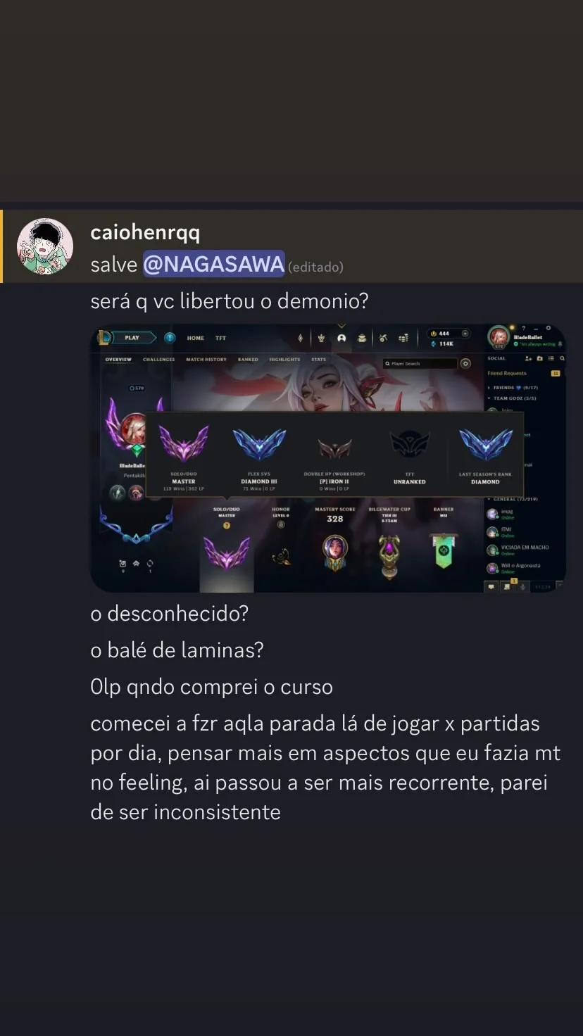 DM Instagram do aluno 'Caio': gráfico de progressão de elo e promoção pra Mestre