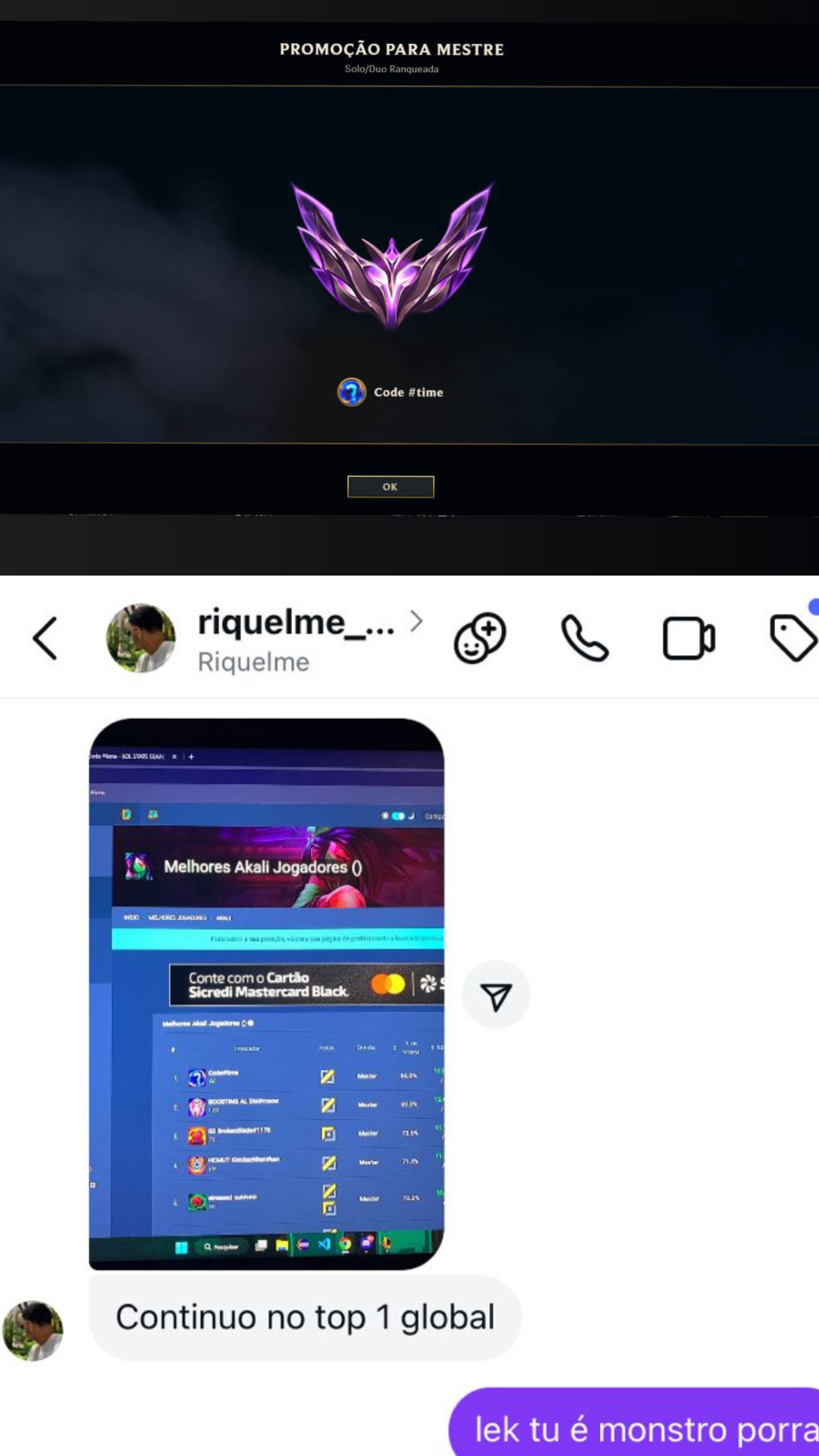DM Instagram do aluno 'Dex': confirmando que continua no Top 1 global de Akali