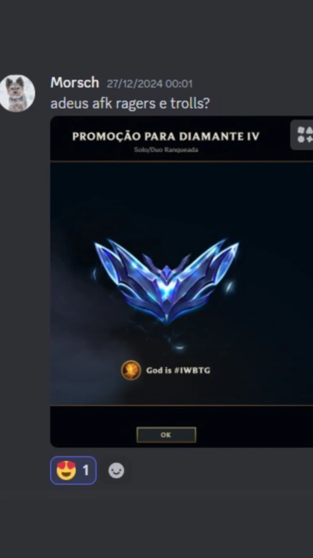 Mensagem no Discord do aluno 'Morsch': promoção pra Diamante IV