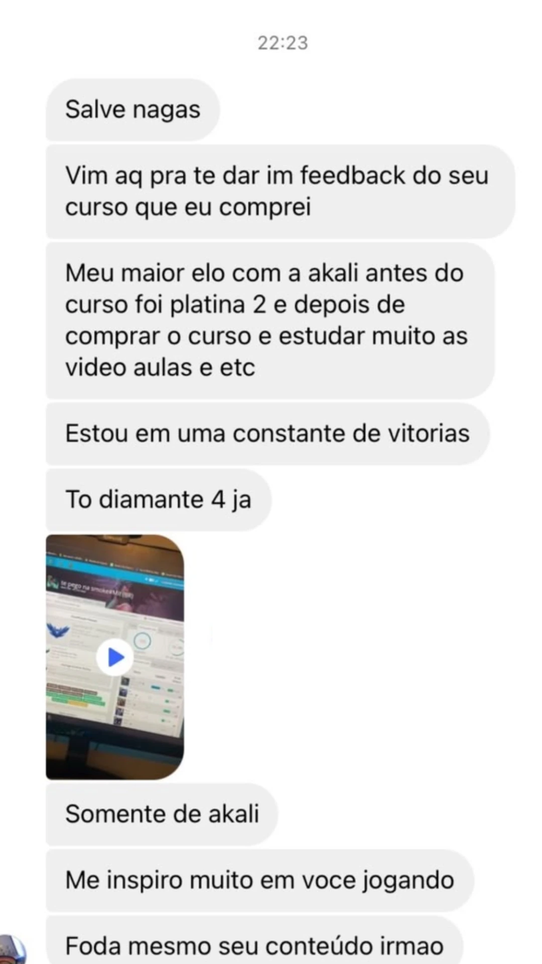 Print WhatsApp do aluno 'Pixel': feedback do curso, saiu do Platina 2 e chegou no Diamante 4