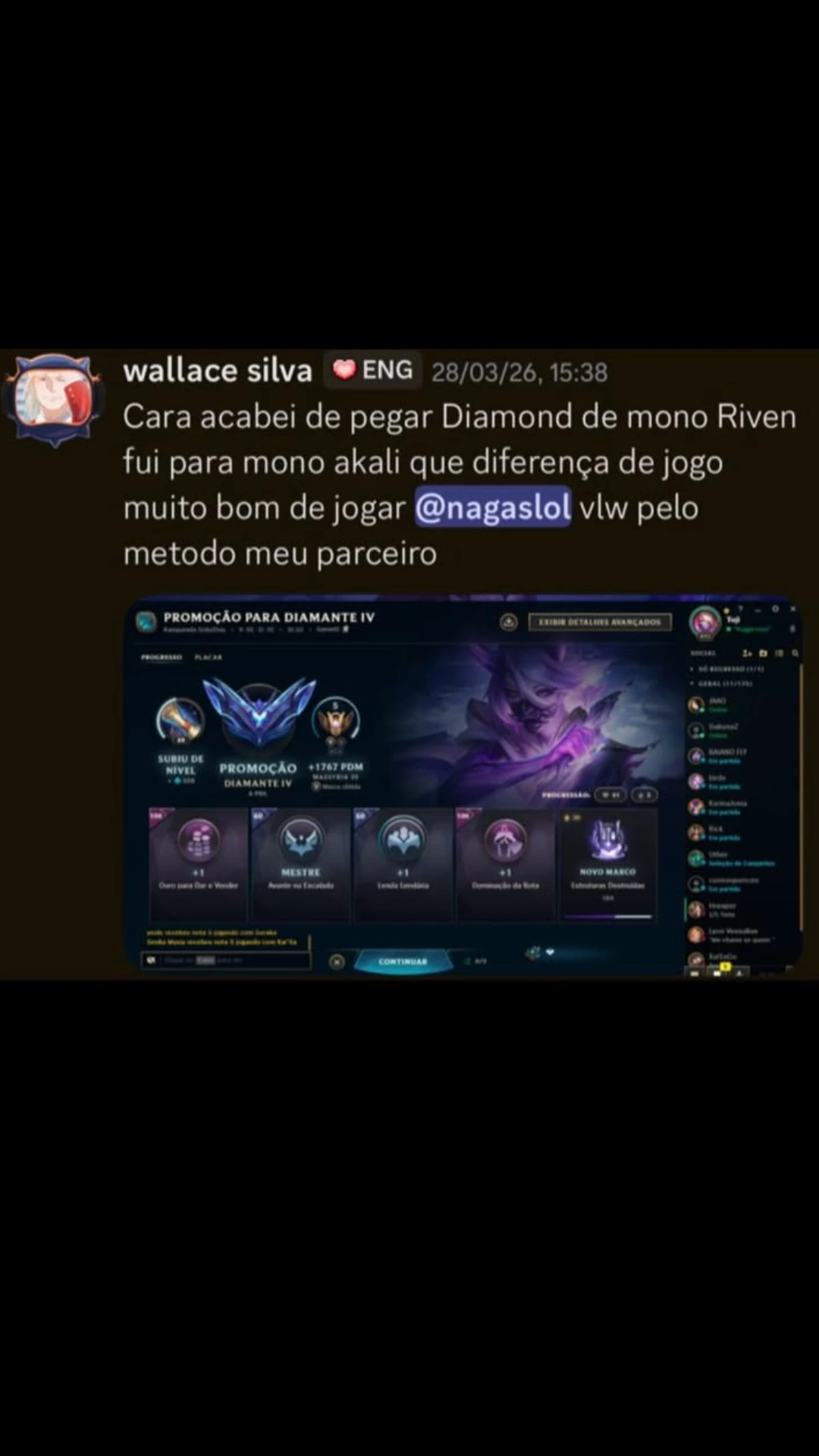 Mensagem no Discord do aluno 'wallace silva': trocou de main pra Akali e pegou Diamante IV