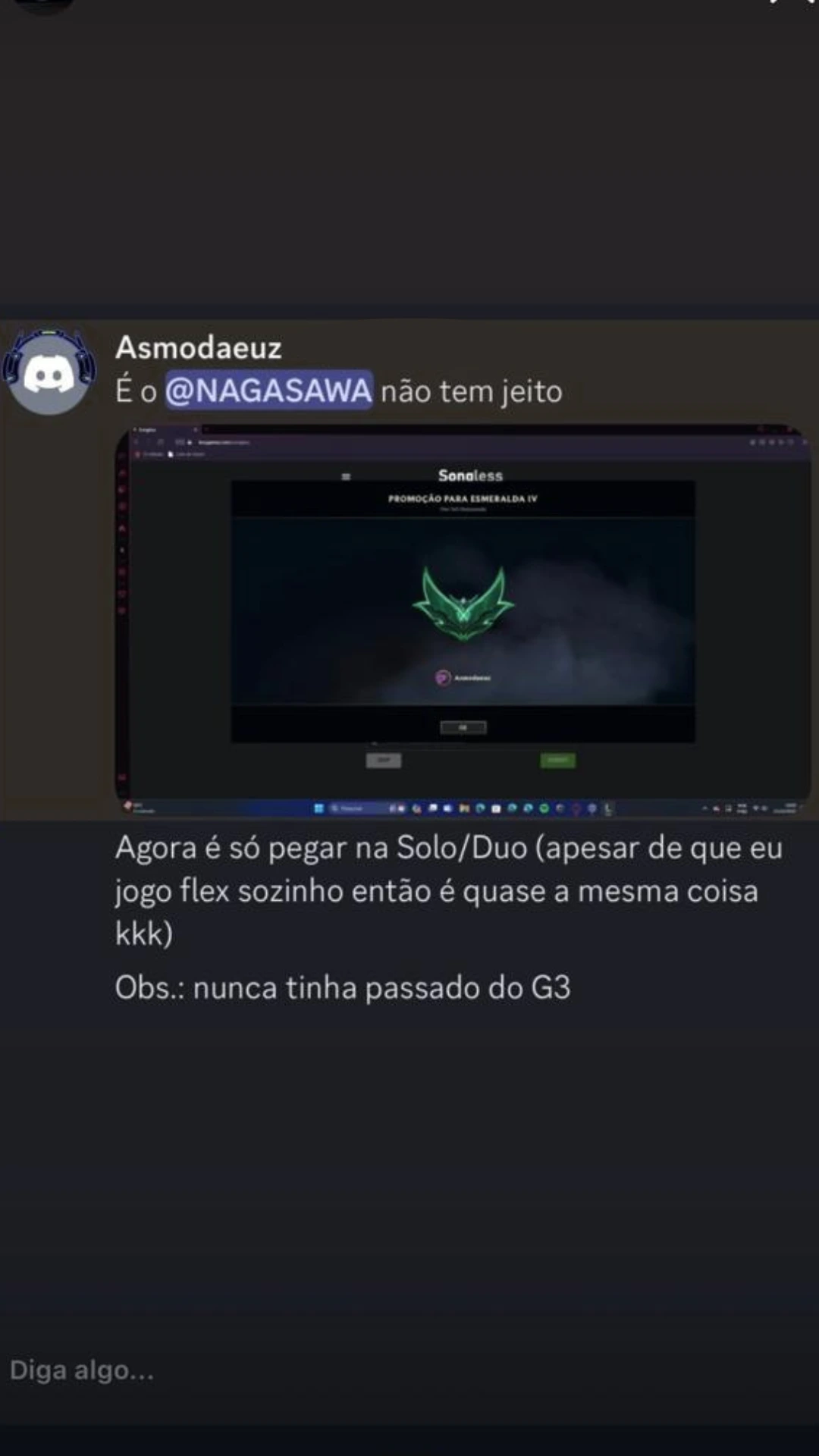 Mensagem no Discord do aluno 'Asmodaeuz': promoção pra Esmeralda IV depois de nunca ter passado do Gold 3