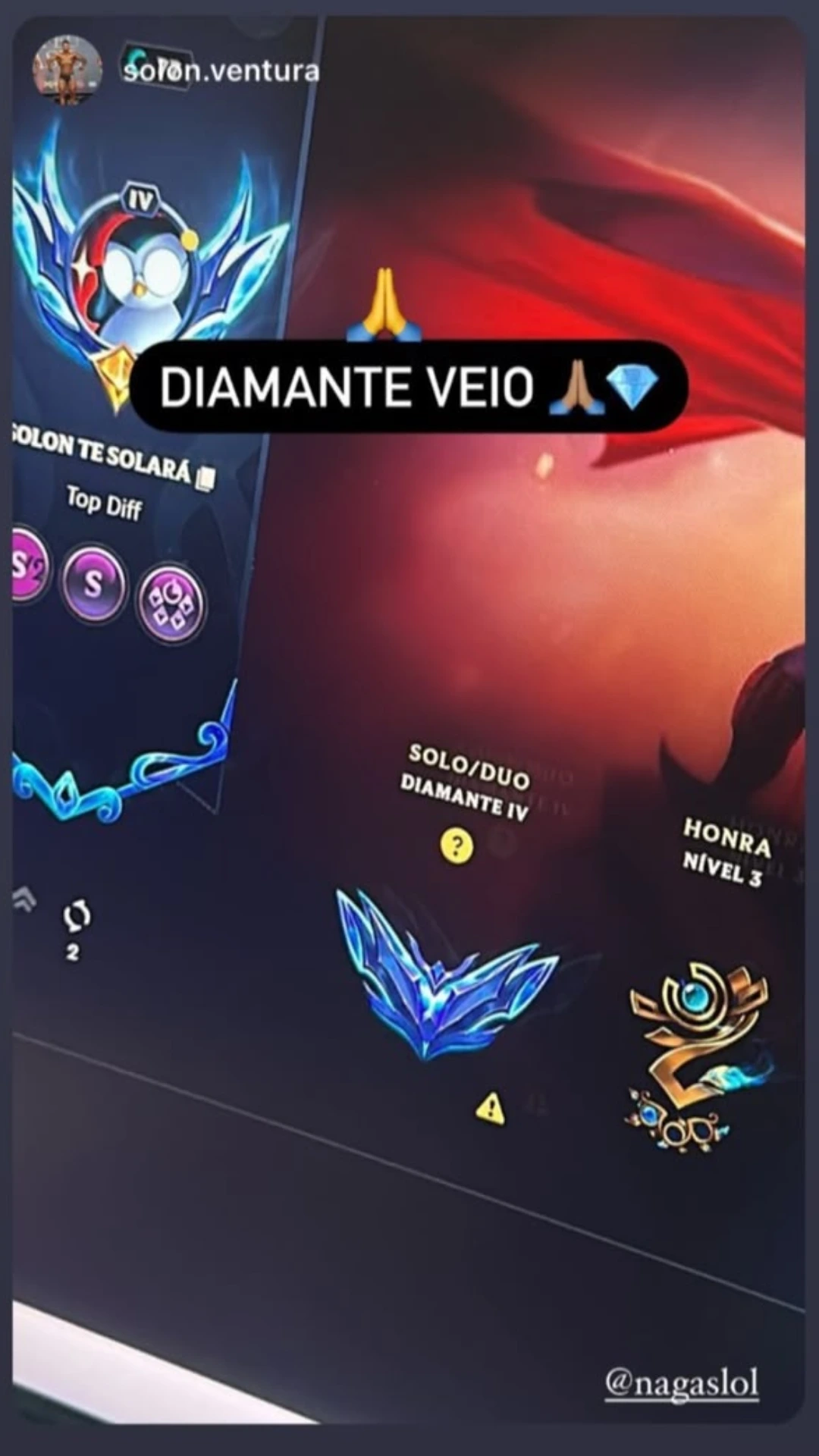 Story Instagram do aluno 'solon.ventura': promoção pra Diamante IV Solo/Duo