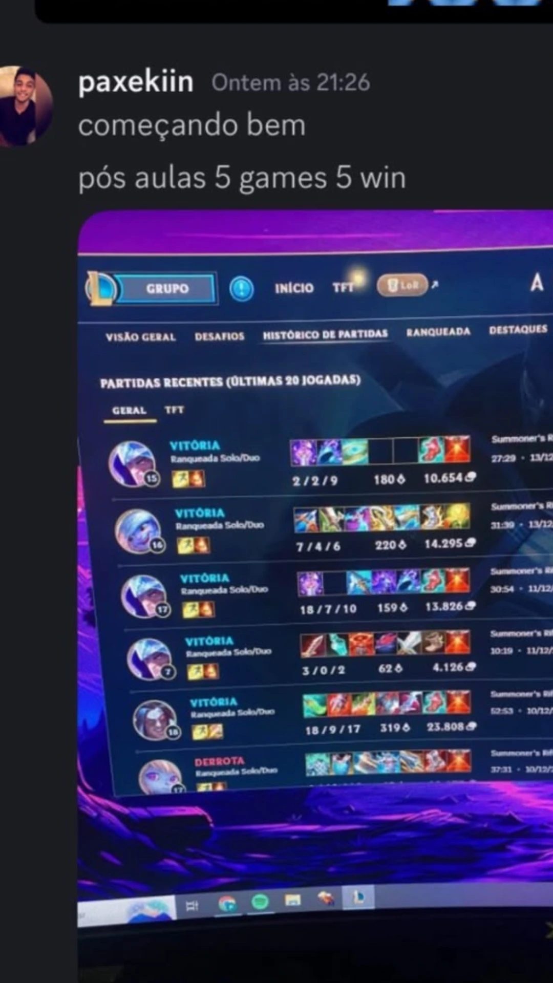 Mensagem no Discord do aluno 'paxekiin': 5 vitórias em 5 partidas logo após as aulas