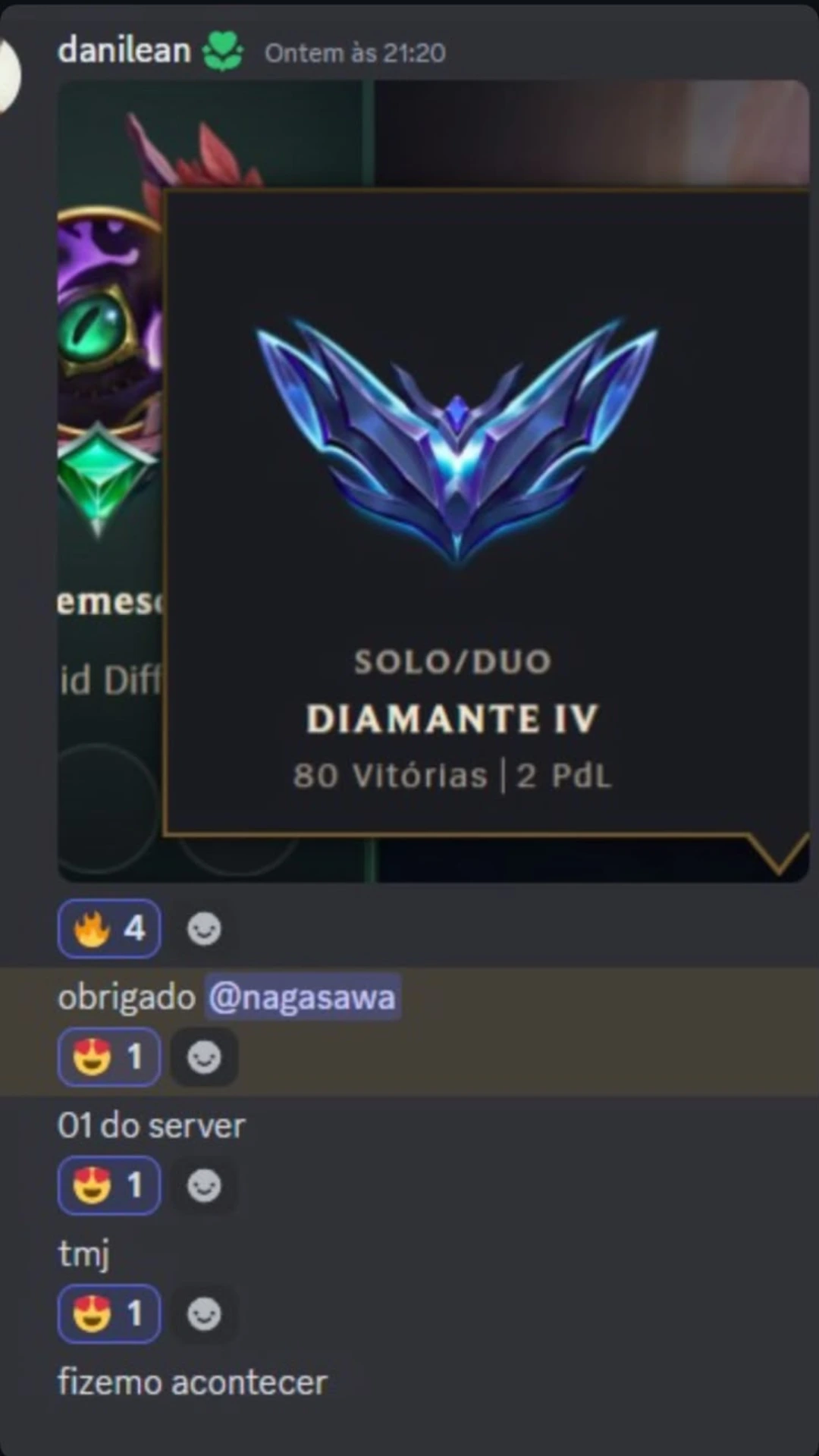 Mensagem no Discord do aluno 'danilean': promoção pra Diamante IV, 1º do servidor